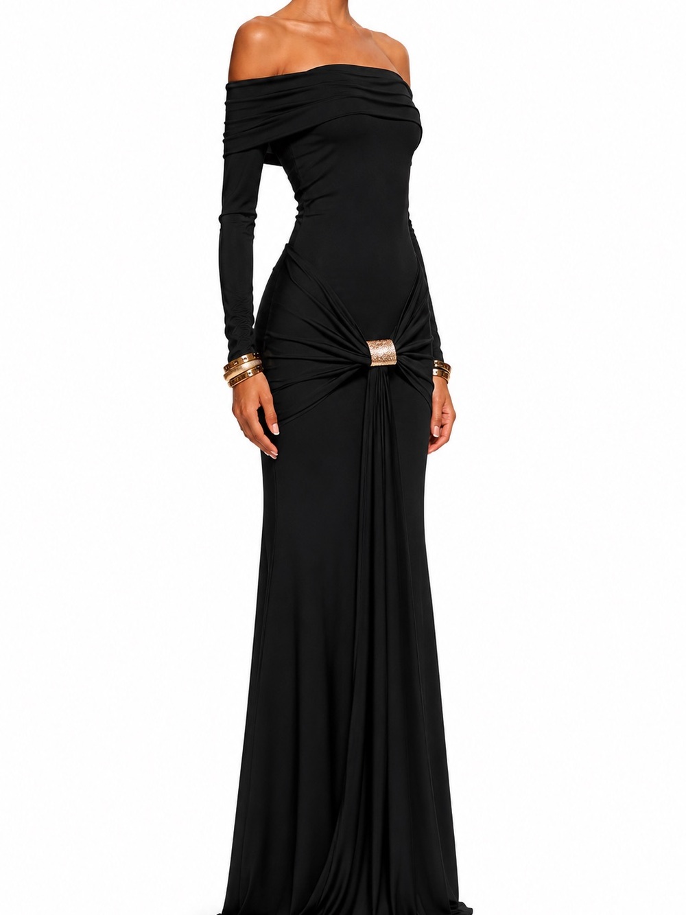 Elegant Off-Shoulder Black Maxi Dress with Front Detail